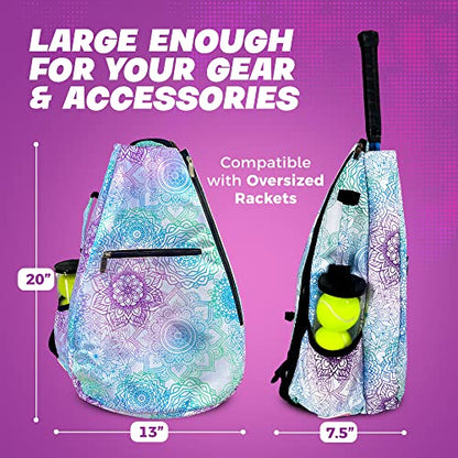 Womens Tennis Backpack - Taboo Fashions Ladies Tennis Bag Holds Two Racquets, Padded Straps and Side Carry Handle - color: White, Purple, Blue, Green