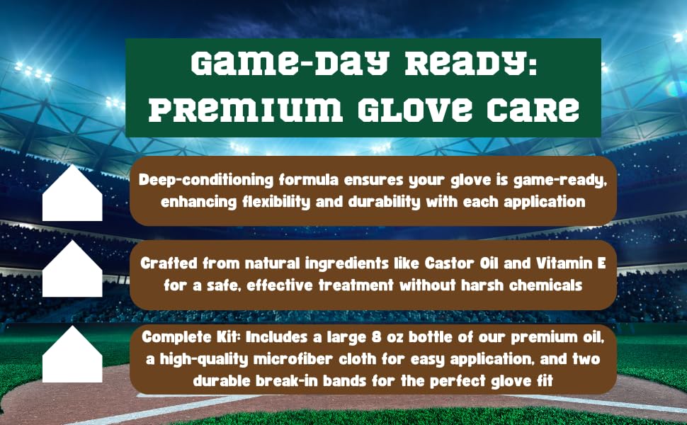 Baseball Glove Break-in Oil Kit with Microfiber Wipe & Break in Bands - Easy Conditioning Formula for Softball & Baseball Mitts, Large 8oz Bottle