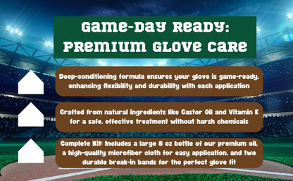 Baseball Glove Break-in Oil Kit with Microfiber Wipe & Break in Bands - Easy Conditioning Formula for Softball & Baseball Mitts, Large 8oz Bottle