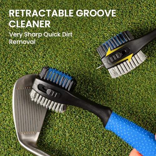 FINGER TEN Retractable Golf Club Cleaner Brush with Magnetic Clip, Durable Nylon Groove Scrub Iron Sharpener Compact Design, Portable Wire Tool for Golf Club Ball Bag Cleaning - color: Blue Brush