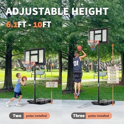 DUMOS 10FT Adjustable Height Portable Basketball Hoop Outdoor for Adult, 44 Inch Shatterproof Backboard w/Shock Absorbent Rim, Fillable Base, 2 Wheels for Swimming Pool/Indoor