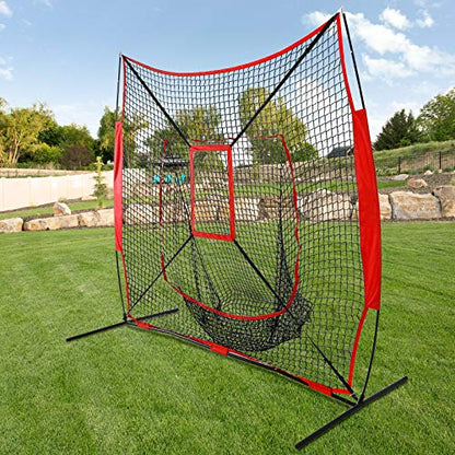 7' x 7' Baseball Softball Hitting & Pitching Practice Net Batting Pitching Training Aid Net w/Carry Bag, Strike Zone and Metal Bow Frame, Baseball Throwing Net for All Levels