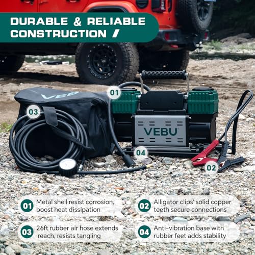 Heavy Duty Air Compressor 12V Tire Inflator, Dual Cylinder 125PSI with In-line Pressure Gauge, 10.6CFM Fast Inflation for Off-road Vehicles, Trucks, SUVs, RVs, ATVs, DC Power, Corded Electric - style: Dual Cylinders + Inline Gauge