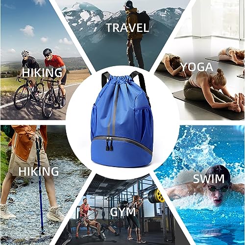 Valleycomfy Sports Drawstring Backpack - Water Resistant String Bag with Side Mesh Pockets Shoe Compartment Gym Backpack for Women & Men Blue - color: A-blue
