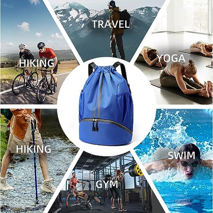 Valleycomfy Sports Drawstring Backpack - Water Resistant String Bag with Side Mesh Pockets Shoe Compartment Gym Backpack for Women & Men Blue - color: A-blue