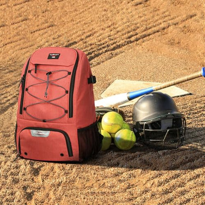 Baseball Backpack, Baseball Bag for Youth, Softball Bat Bag with Shoes Compartment, Laptop Compartment & Holds 2 Bats, Small Baseball Bat Equipment Bags for Fence Hook, Glove Holder & Helmet - color: Red