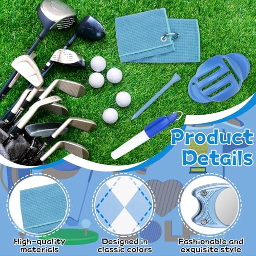 Golf Accessories Kit Golf Club Cleaning Kit Club Groove Cleaner Brush Divot Repair Tool Golf Towel with Clip Ball Bag with Hook Ball Alignment Kit Marking Pen Golf Gift Set Women - color: Light Blue