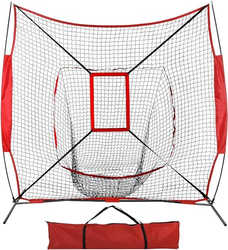 7x7ft Baseball Softball Practice Net, Portable Baseball Training Net w/Carrying Bag, Strike Zone Target for Batting Catching Pitching Hitting, for All Skill Levels - style: Baseball Net with Strike Zone