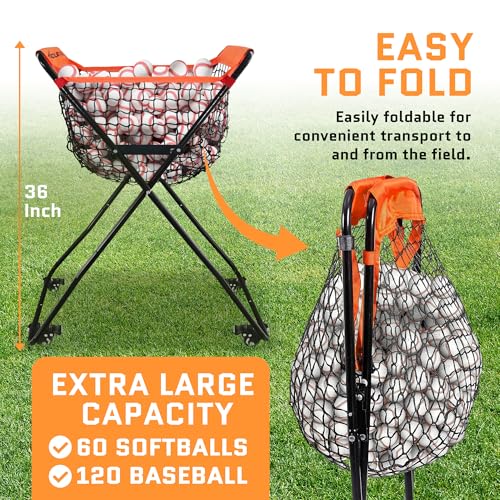ACELETIQS Baseball Softball Portable Batting Practice Ball Caddy, Use During Training and Drills, Save Your Back No More Bending, Holds up to 60 Baseballs, Instant Setup