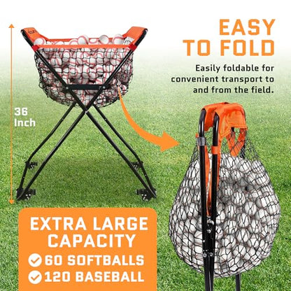 ACELETIQS Baseball Softball Portable Batting Practice Ball Caddy, Use During Training and Drills, Save Your Back No More Bending, Holds up to 60 Baseballs, Instant Setup