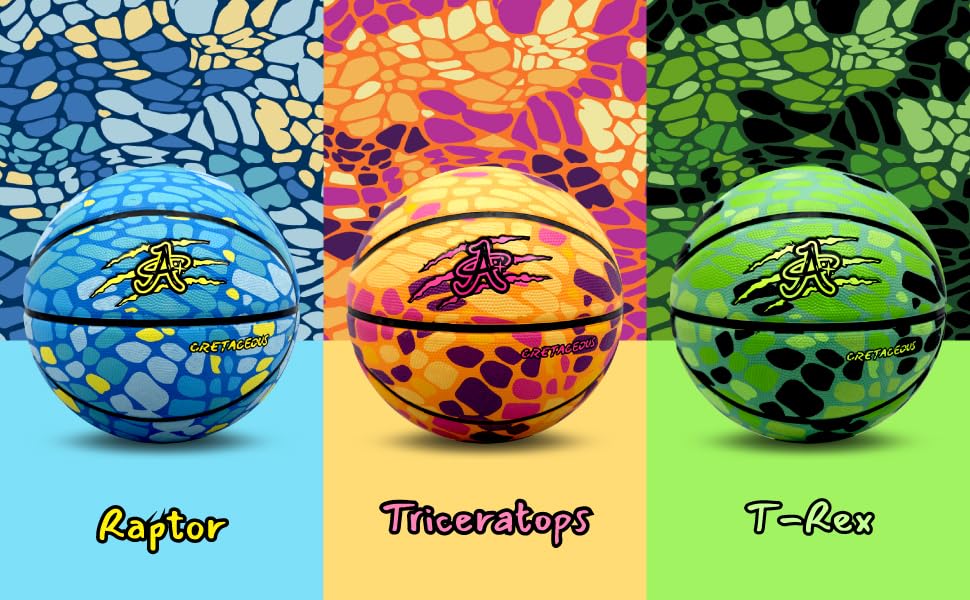 Official A Plus Basketball, Men/Women/Youth/Toddler. Rubber High Bounce Dinasaur Theme. Mini, Size 5, Size 6, & Size 7