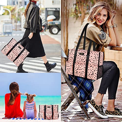 IBFUN Utility Tote Bag with 24 Pockets, Large Teacher Tote for Women with Laptop Compartment, Travel Tote Bag with Zip Top - color: A2-m-pink Leopard, size: Medium