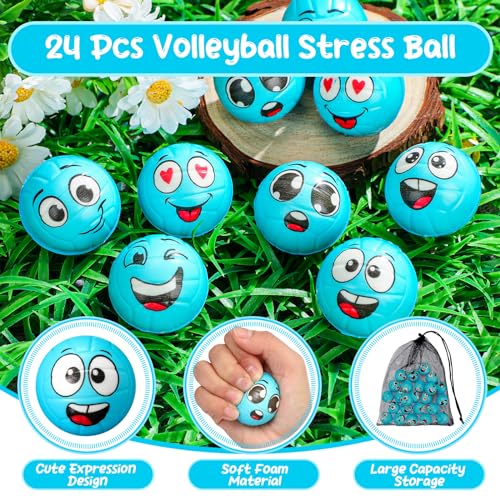 Shappy 24 Pcs Mini Volleyball Stress Balls 1.57 Foam Sports Balls with Emotion for Kids Volleyball Team Gifts with Mesh Drawstring Bag for Volleyball Party Birthday School Reward,6 Style(Blue) - color: Blue