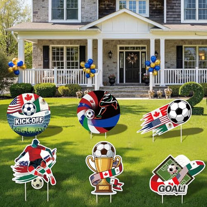 Pinkunn 6 Pcs North America Soccer Event Yard Signs with Stakes, USA Canada Mexico Flag Football Theme Lawn Decorations for Outdoor Watch Party Game Day Team School Practice Party Supplies