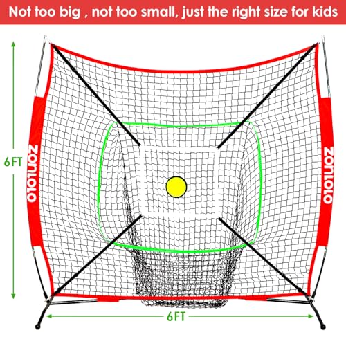 ZONLOLO 6x6ft Portable Baseball & Softball Net for Hitting and Pitching, with Sturdy Bow Frame and Carry Bag, Special Circular Target and Strike Zone for Accurate Throwing Practice, Great for Kids