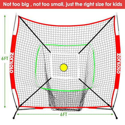 ZONLOLO 6x6ft Portable Baseball & Softball Net for Hitting and Pitching, with Sturdy Bow Frame and Carry Bag, Special Circular Target and Strike Zone for Accurate Throwing Practice, Great for Kids