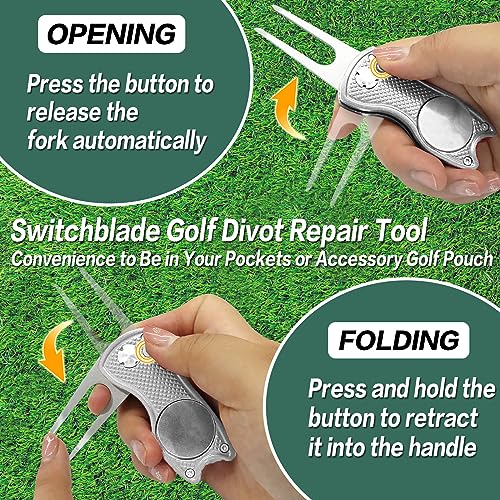 FINGER TEN Golf Divot Repair Tool and Ball Marker Switchblade Value Pack, Foldable Magnetic Stainless Steel with Pop-up Button for Men Women - color: 2 in Silver+2 Ball Marker