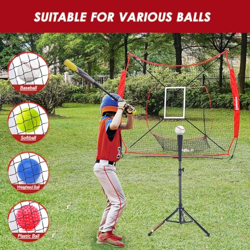 Baseball Softball Tee Batting Tee for Hitting T tee Ball Set Stand Baseball Softball Hitting Pitching Screen Net for Kids Teens Batting Net Set Training Equipment W/Carry Bag for Outdoor