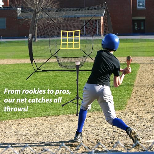 7x7 Ft Baseball and Softball Training Net with Batting Tee, Strike Zone Target, Portable Hitting and Pitching Practice Set - color: Black