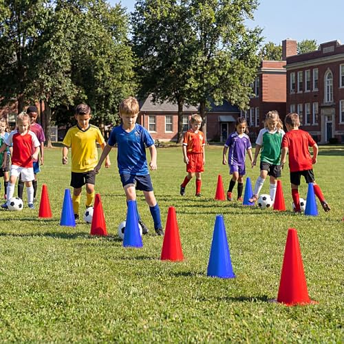 Hoteam 30 Pieces 9 Inch Traffic Cones Plastic Sport Agility Training Safety Cones Soccer Practice Equipment for Basketball Football Drills Exercise, Outdoor Activity and Events - color: Red,Blue