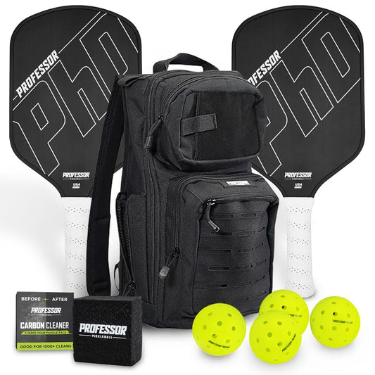 Professor PhD Raw Carbon Fiber Premium Pickleball Paddle Racket - USA Pickleball Approved - Honeycomb Core - Power & Control - color: PHD Black Edge Bundle - Backpack Set