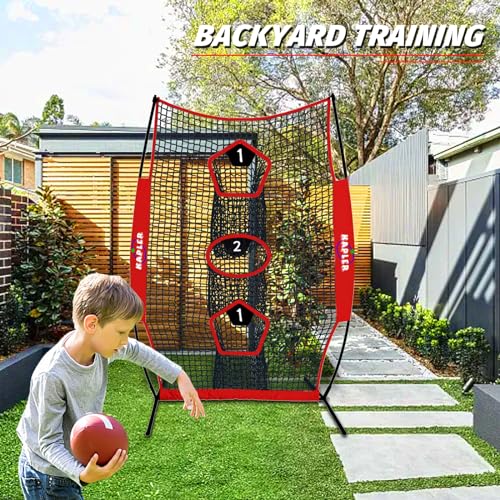 Kapler Football Throwing Net - 5X7 FT Portable 3 Target Pocket Passing Trainer with Football Tee Stand - Quarterback Accuracy Improving for Youth and Adults Backyard Drills
