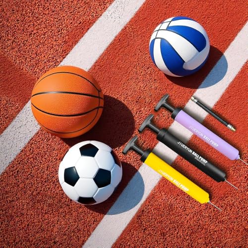 Sports Ball Pump Inflator with 5 Needles (Pin), Dual Action Hand Held Portable Air Pump with pins to Inflate Soccer Ball, Football, Volleyball, Rugby, Netball & Basketball - color: purple