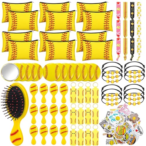 Elcoho 122 Pieces Softball Party Favors Set Softball Team Gifts with 12 Sets Makeup Bags, Hairbrushes, Mirrors, Headbands, Bracelets, Keychains and 50 Stickers for Sports Birthday Party Supplies