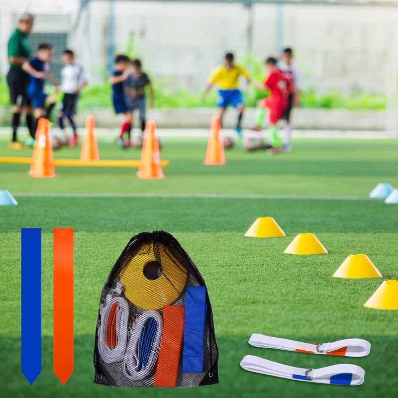 Flag Football Set, 14 Player Adjustable Belts with Cones Includes 14 Easy Tear Away Belts, 28 Football Flags, 12 Cones, 1 Carrying Bag for Youths, Adults Sport Team Training - style: Blue, Orange