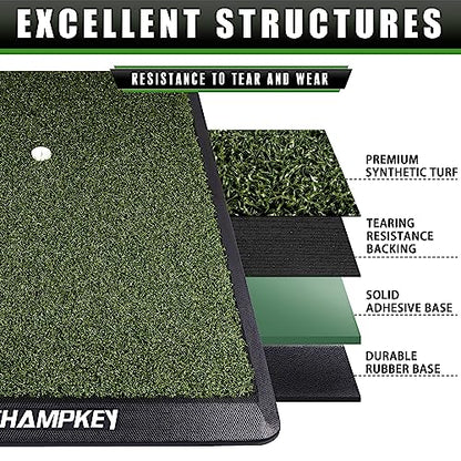 CHAMPKEY Premium Synthetic Turf Golf Hitting Mat | Heavy Duty Rubber Base Golf Practice Mat | Come with 1 Rubber Tee and 9 Plastic Tees