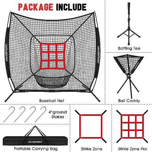 VAVOSPORT 7x7' Baseball Net Set - Portable Softball & Baseball Net, Batting Tee, Ball Caddy, Strike Zone, Training Equipment for Youth Practice