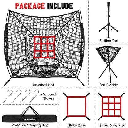VAVOSPORT 7x7' Baseball Net Set - Portable Softball & Baseball Net, Batting Tee, Ball Caddy, Strike Zone, Training Equipment for Youth Practice