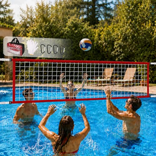 Pool Volleyball Net Replacement, Heavy Duty PE Net with Adjustable Length 15-30 FT, Waterproof Oxford Border for Outdoor In-Ground & Above Ground Pools, Includes Carabiners & Storage Bag - color: Red