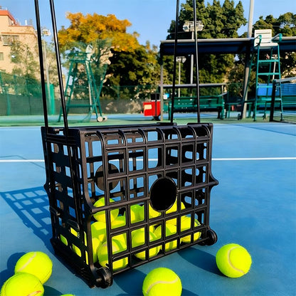 Portable Tennis Balls Hopper with Wheel - 75 Tennis Balls Capacity,Tennis Ball Retriever Basket Carrier Gatherer Picker Hopper Container ，Easy-Roll Design for Practice & Training