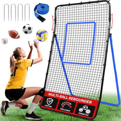 BAGAIL Volleyball Rebounder Net 7x4 Ft, Bounce Back Training Equipment with Unique Curved Frame for Better Catching, 5 Adjustable Angles for Volleying & Spiking, Easy Set Up & Sturdy Base - color: Blue