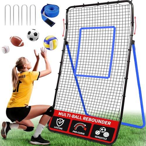 BAGAIL Volleyball Rebounder Net 7x4 Ft, Bounce Back Training Equipment with Unique Curved Frame for Better Catching, 5 Adjustable Angles for Volleying & Spiking, Easy Set Up & Sturdy Base - color: Blue