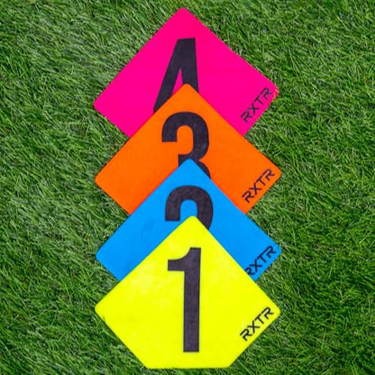 QUICKPLAY RXTR Cognitive Markers Set of 4 - High Visibility Agility Training for Reaction Drills, Durable Flat Field Markers for Soccer & Baseball Training Equipment & Sports Practice