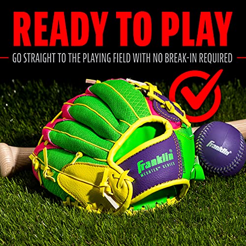 Franklin Sports Kids Baseball Glove + Foam Ball Sets - Meshtek Youth Teeball Gloves for Kids + Toddlers - Left + Right Hand Throw - 9.5" Inch - color: Purple/Pink/Yellow