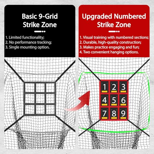 7x7 ft Baseball & Softball Practice Net with 9 Numbered Strike Zone | PRO Training Net for Hitting, Pitching & Batting | with Carry Bag, Bow Frame for All Ages & Skills - color: red