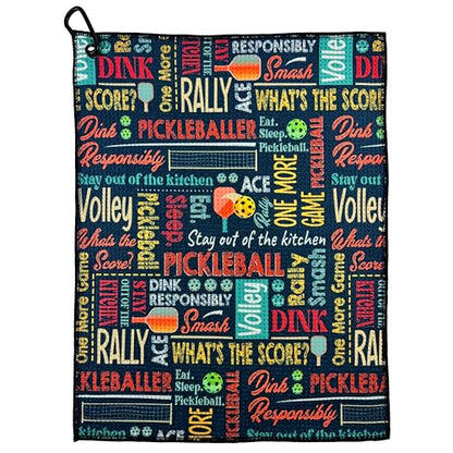 Wolf Golf Towels Pickleball Towel | Pickleball Gifts | Paddles, Balls and Phrases | Sport Towel | Retirement Gift - color: Phrase Collage