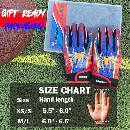 Youth Football Gloves for Boys Girls with Spider Tacky Grip, Flexible Kids Receiver Football Gloves- Blue Red - size: Youth Medium/Large
