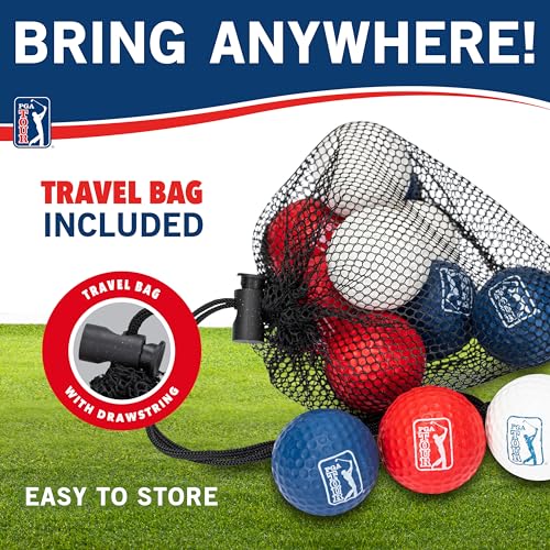 Franklin Sports PGA TOUR Indoor + Outdoor Foam Golf Balls - Kids + Adults Foam Golf Balls - Limited Flight - Includes Draw String Carry Bag - 12 Pack - Red, White + Blue