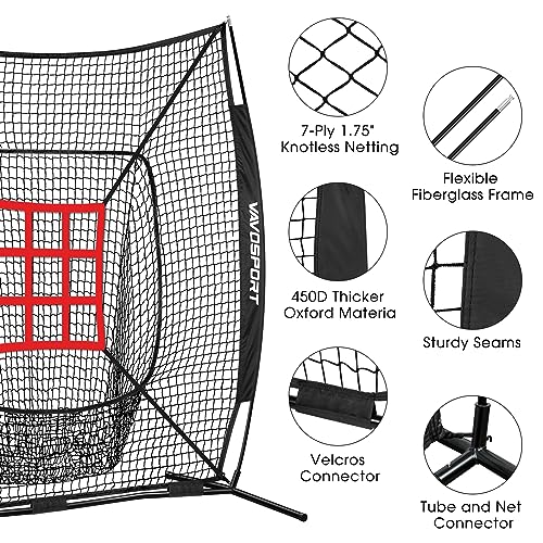 VAVOSPORT 7x7' Baseball Net Set - Portable Softball & Baseball Net, Batting Tee, Ball Caddy, Strike Zone, Training Equipment for Youth Practice