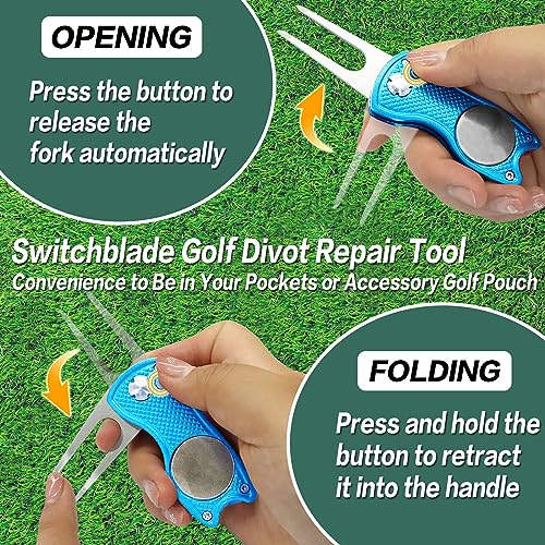 FINGER TEN Golf Divot Repair Tool and Ball Marker Switchblade Value Pack, Foldable Magnetic Stainless Steel with Pop-up Button for Men Women - color: 2 in Blue+2 Ball Marker
