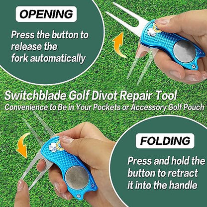 FINGER TEN Golf Divot Repair Tool and Ball Marker Switchblade Value Pack, Foldable Magnetic Stainless Steel with Pop-up Button for Men Women - color: 2 in Blue+2 Ball Marker