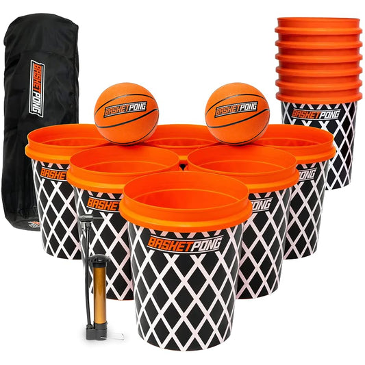 BasketPong Giant Yard Pong and Basketball Game with 12 Buckets, 2 Balls, Carrying Bag, and Air Pump – Outdoor Game for Lawn, Backyard, Beach, and Parties