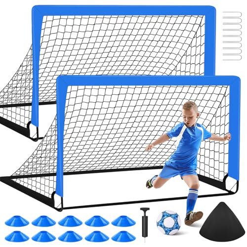 2 Soccer Goal of 4X3 FT for Backyard, Portable Football Goal Training Equipment with Soccer Ball, 10 Football Cones, Carry Bag, Practice Net for Youth Games, Sports - color: Blue