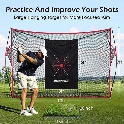 Bearwill Golf Net, 10x7ft Heavy Duty Golf Practice Nets with Mat, Target Cloth, 8 Tees, 6 Balls, Carry Bag for Backyard Driving Chipping Indoor Outdoor Training