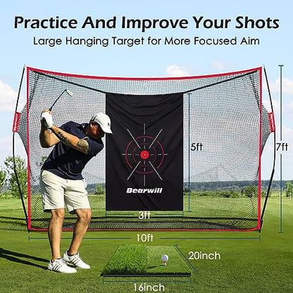 Bearwill Golf Net, 10x7ft Heavy Duty Golf Practice Nets with Mat, Target Cloth, 8 Tees, 6 Balls, Carry Bag for Backyard Driving Chipping Indoor Outdoor Training
