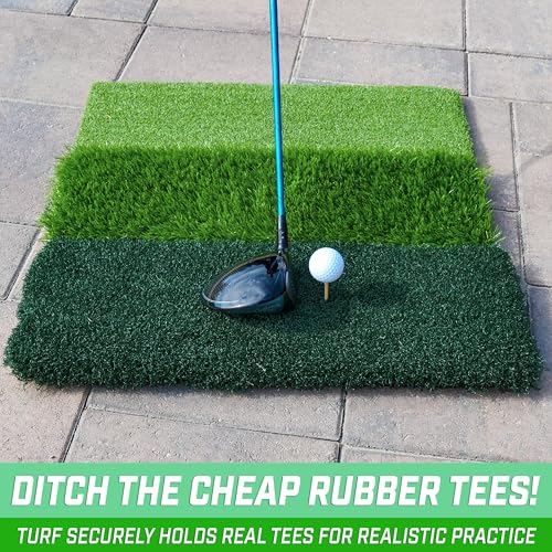 GoSports Tri-Turf XL Golf Hitting Mat – 24x24 in Golf Practice Mat for Indoor/Outdoor Training, Fairway Rough Tee Turf, Portable Golf Mat for Backyard, Garage & Golf Simulator Use